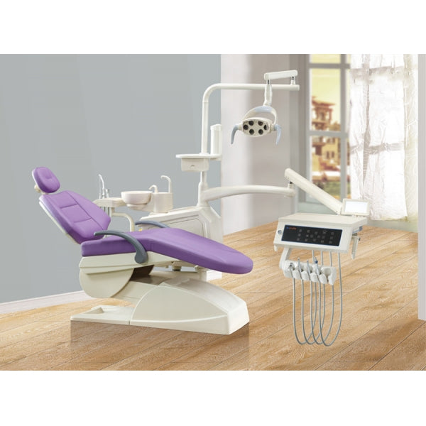 Dental Unit SCS-580   					   						    STANDARD CONFIGURATION ：            90 degree rotatable ceramic spittoon:1 set         Auto spittoon flush and cup filler control system: 1 set         24V noiseless DC motor: 1 set         3-way syringe (cold/hot): 2 pcs         LED Operating light: 1 set         Saliva ejector with strong and weak suction: 1 set         Water tank (air pressurized)(built-in): 1 set 3