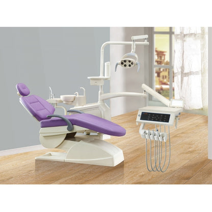 Dental Unit SCS-580   					   						    STANDARD CONFIGURATION ：            90 degree rotatable ceramic spittoon:1 set         Auto spittoon flush and cup filler control system: 1 set         24V noiseless DC motor: 1 set         3-way syringe (cold/hot): 2 pcs         LED Operating light: 1 set         Saliva ejector with strong and weak suction: 1 set         Water tank (air pressurized)(built-in): 1 set 3